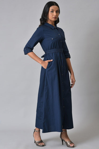 W for Woman Navy Blue Long Shirt Western Dress with Belt for Women