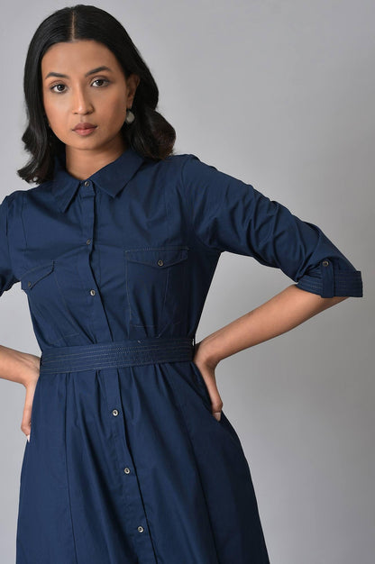 W for Woman Navy Blue Long Shirt Western Dress with Belt for Women