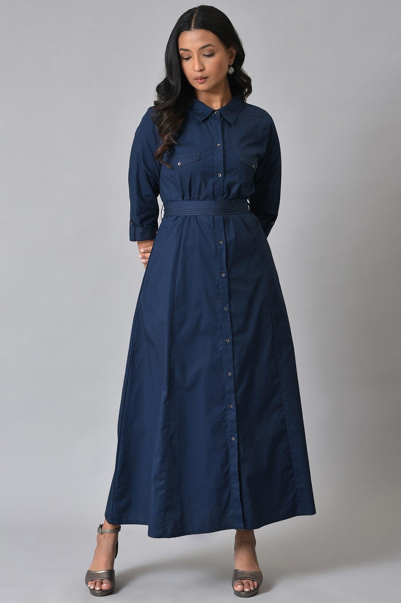 W for Woman Navy Blue Long Shirt Western Dress with Belt for Women