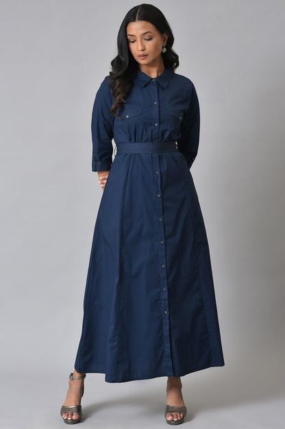 W for Woman Navy Blue Long Shirt Western Dress with Belt for Women