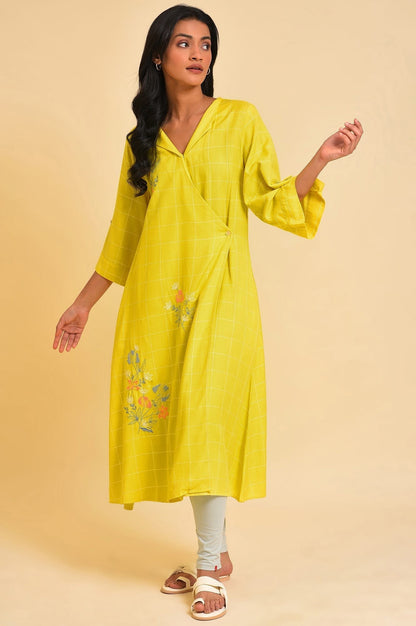 W for Woman Yellow Embroidered Checker Wrap Dress