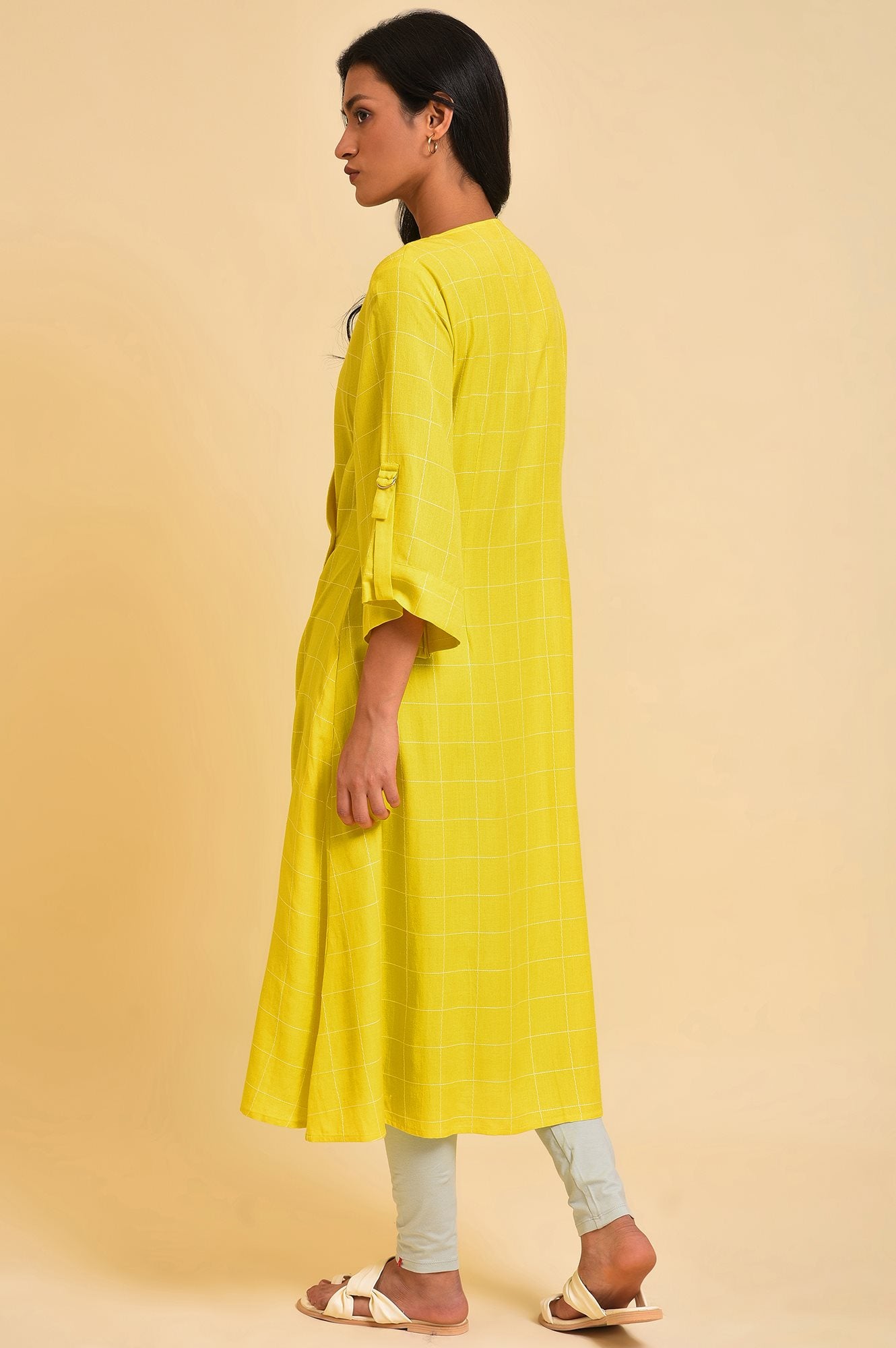 W for Woman Yellow Embroidered Checker Wrap Dress