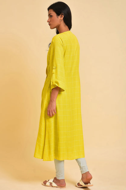 W for Woman Yellow Embroidered Checker Wrap Dress