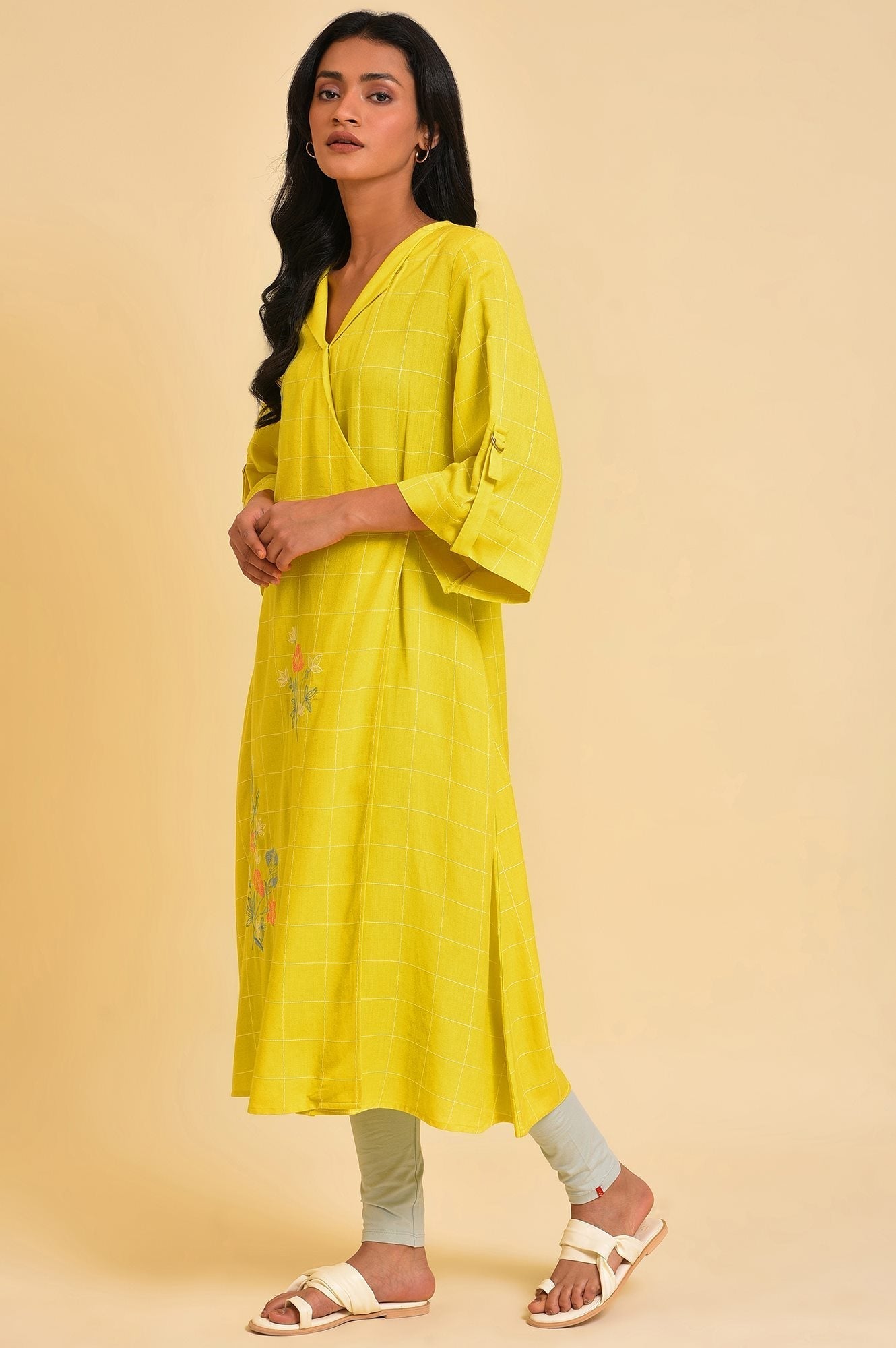 W for Woman Yellow Embroidered Checker Wrap Dress