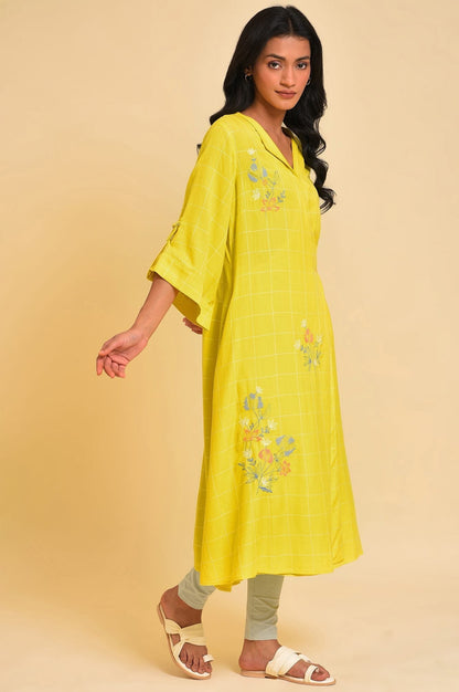 W for Woman Yellow Embroidered Checker Wrap Dress