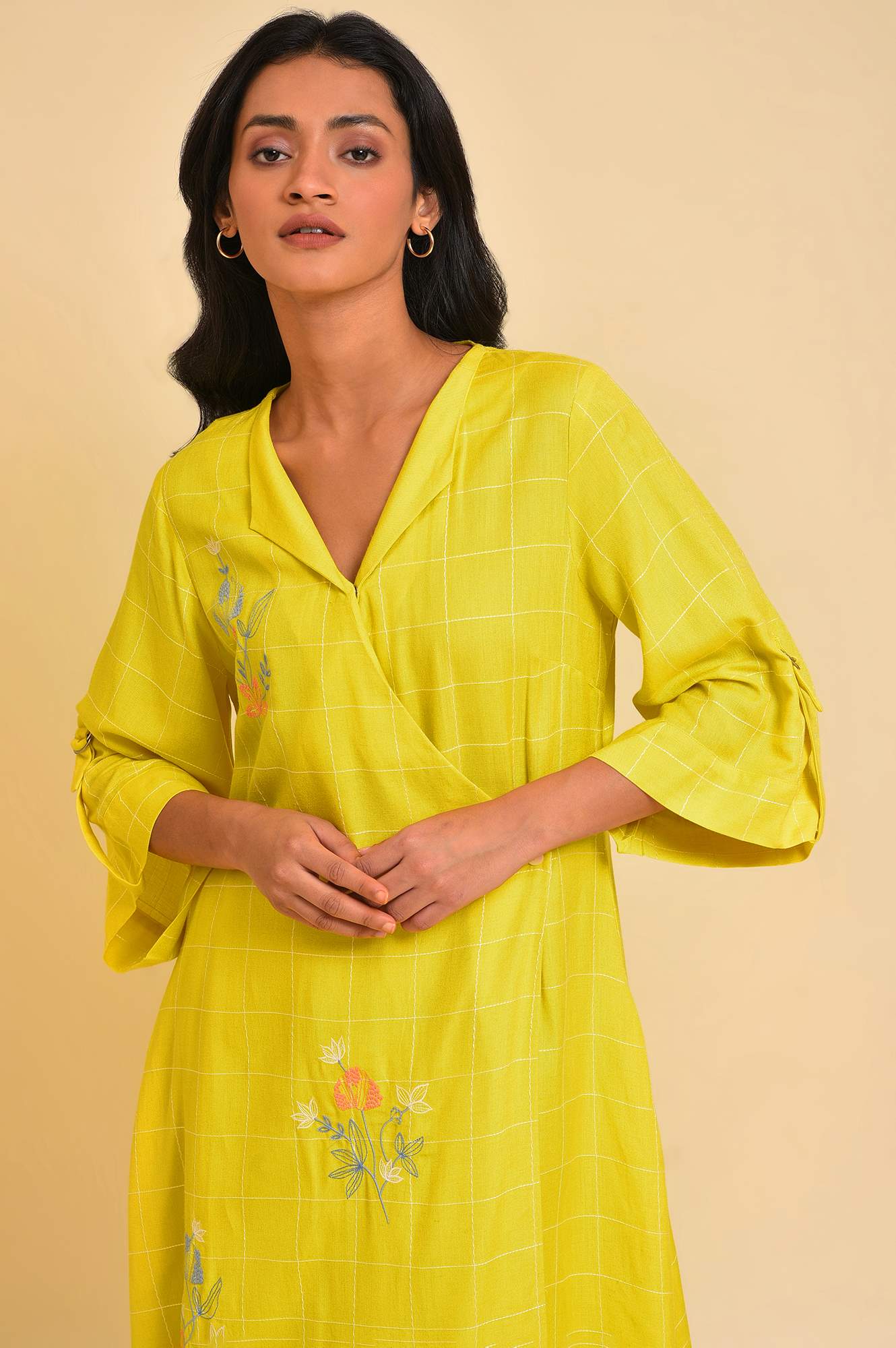 W for Woman Yellow Embroidered Checker Wrap Dress