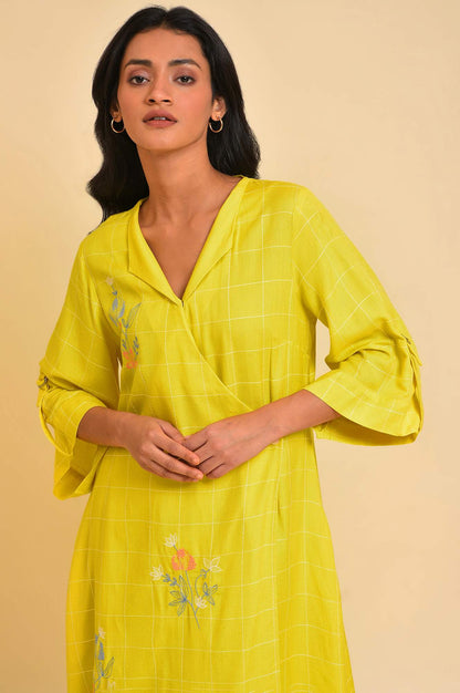 W for Woman Yellow Embroidered Checker Wrap Dress