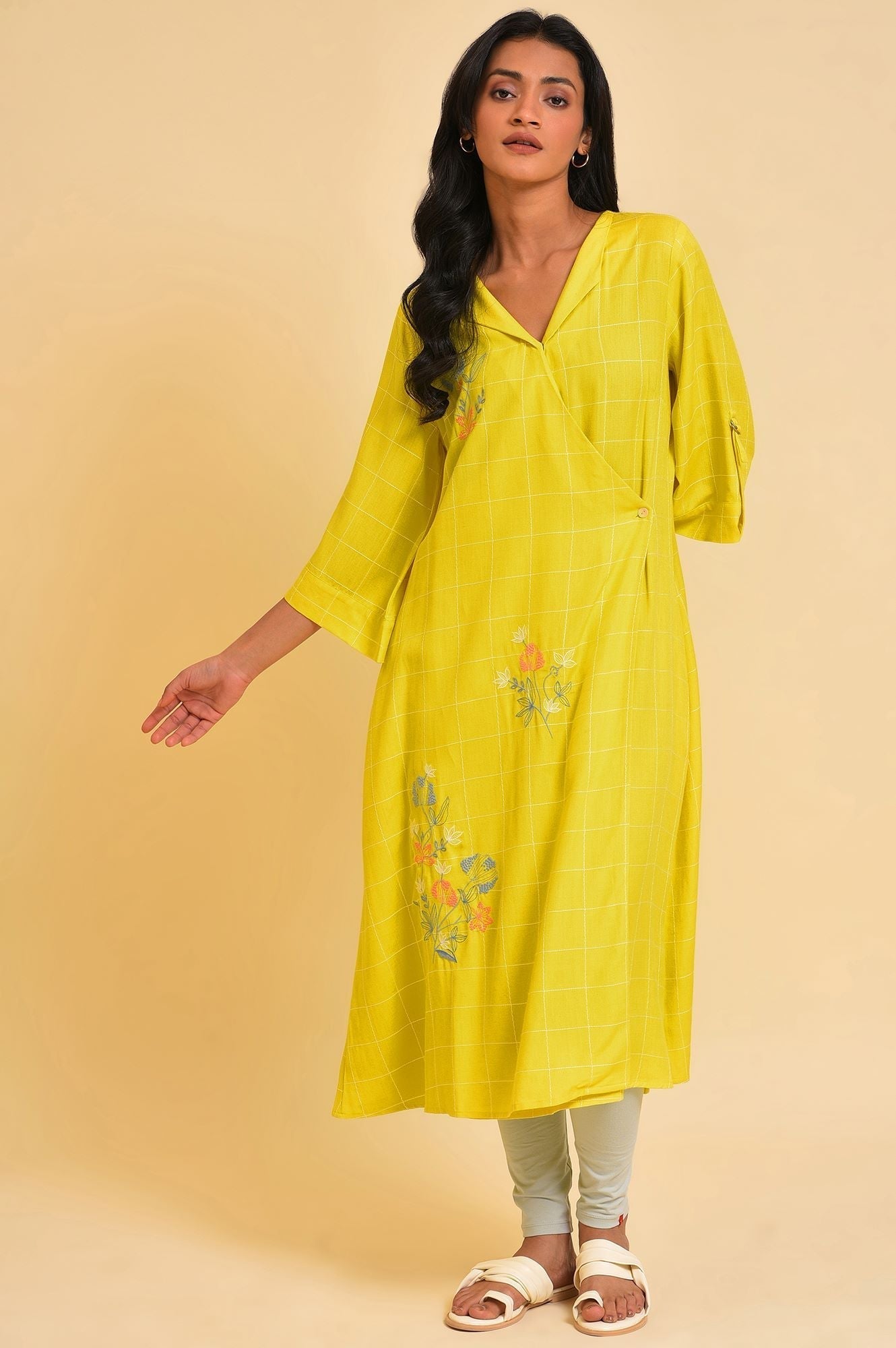 W for Woman Yellow Embroidered Checker Wrap Dress