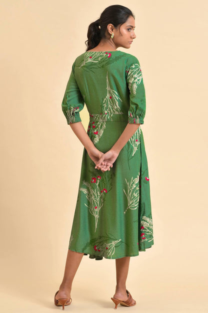 W for Woman Green Floral Printed Western Wrap Dress