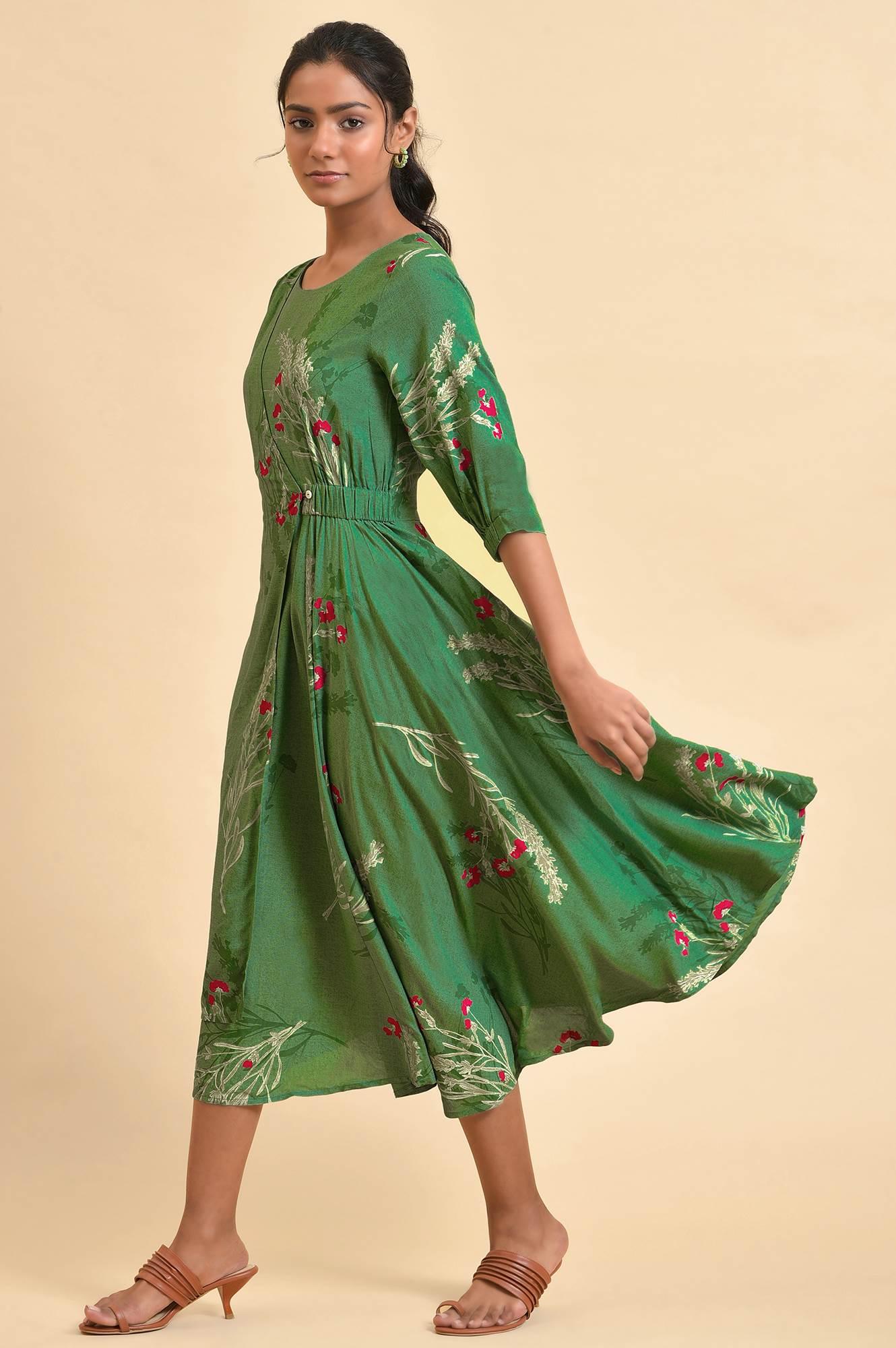 W for Woman Green Floral Printed Western Wrap Dress