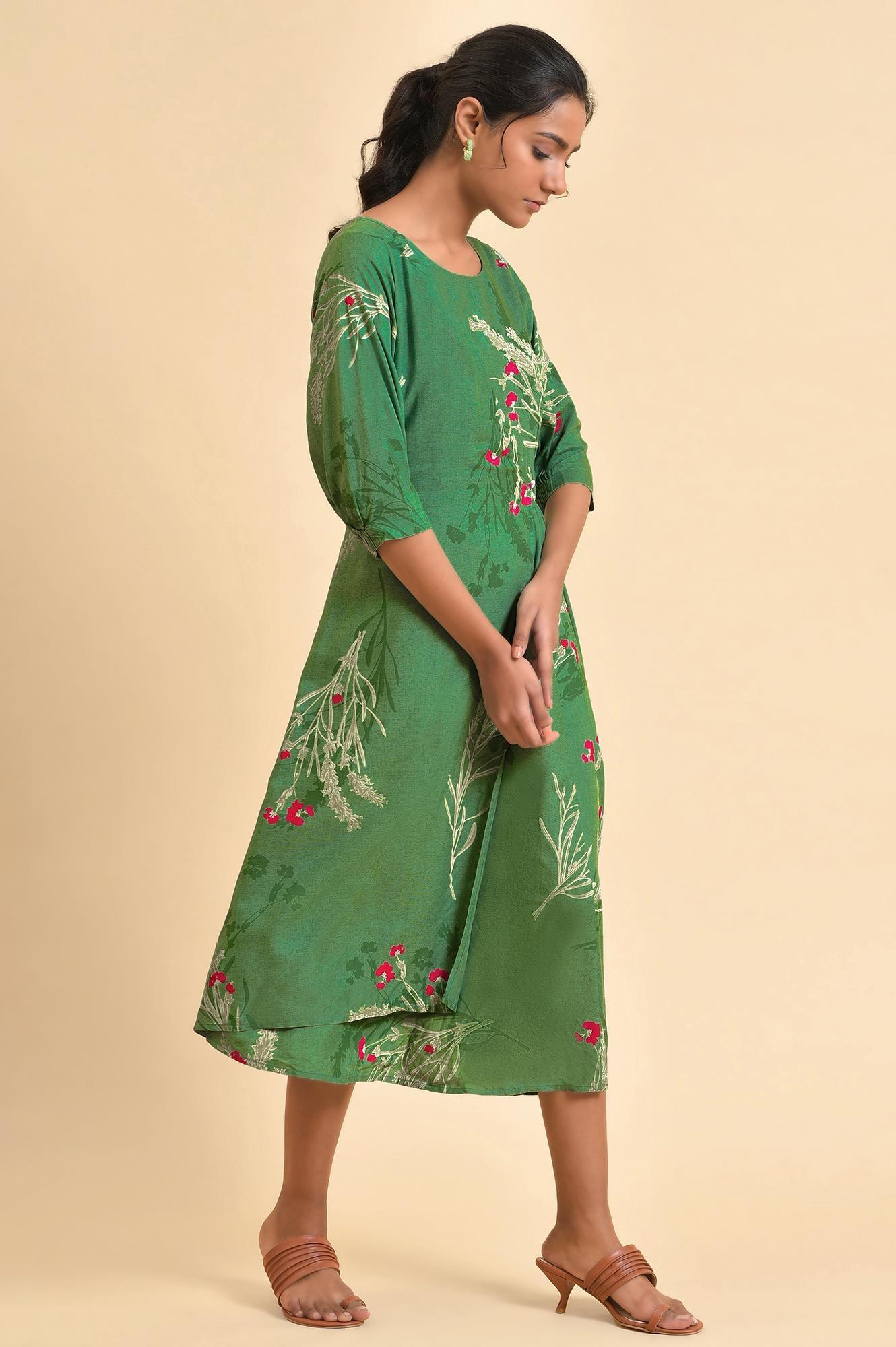 W for Woman Green Floral Printed Western Wrap Dress