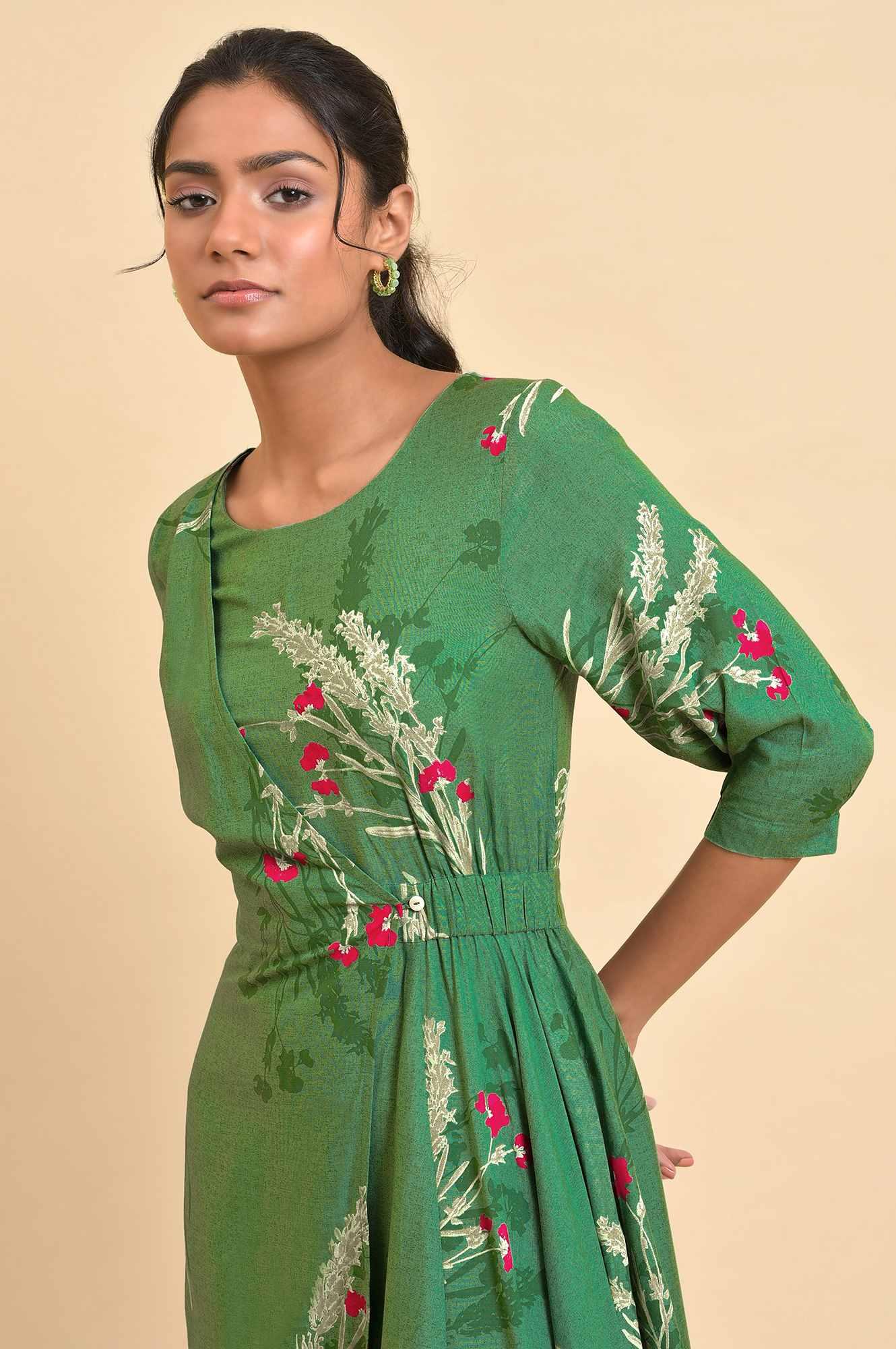 W for Woman Green Floral Printed Western Wrap Dress