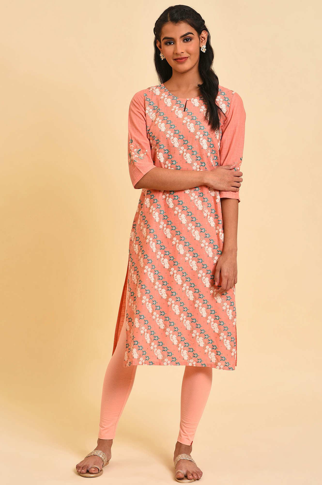 W for Woman Peach Glitter Printed Straight kurta