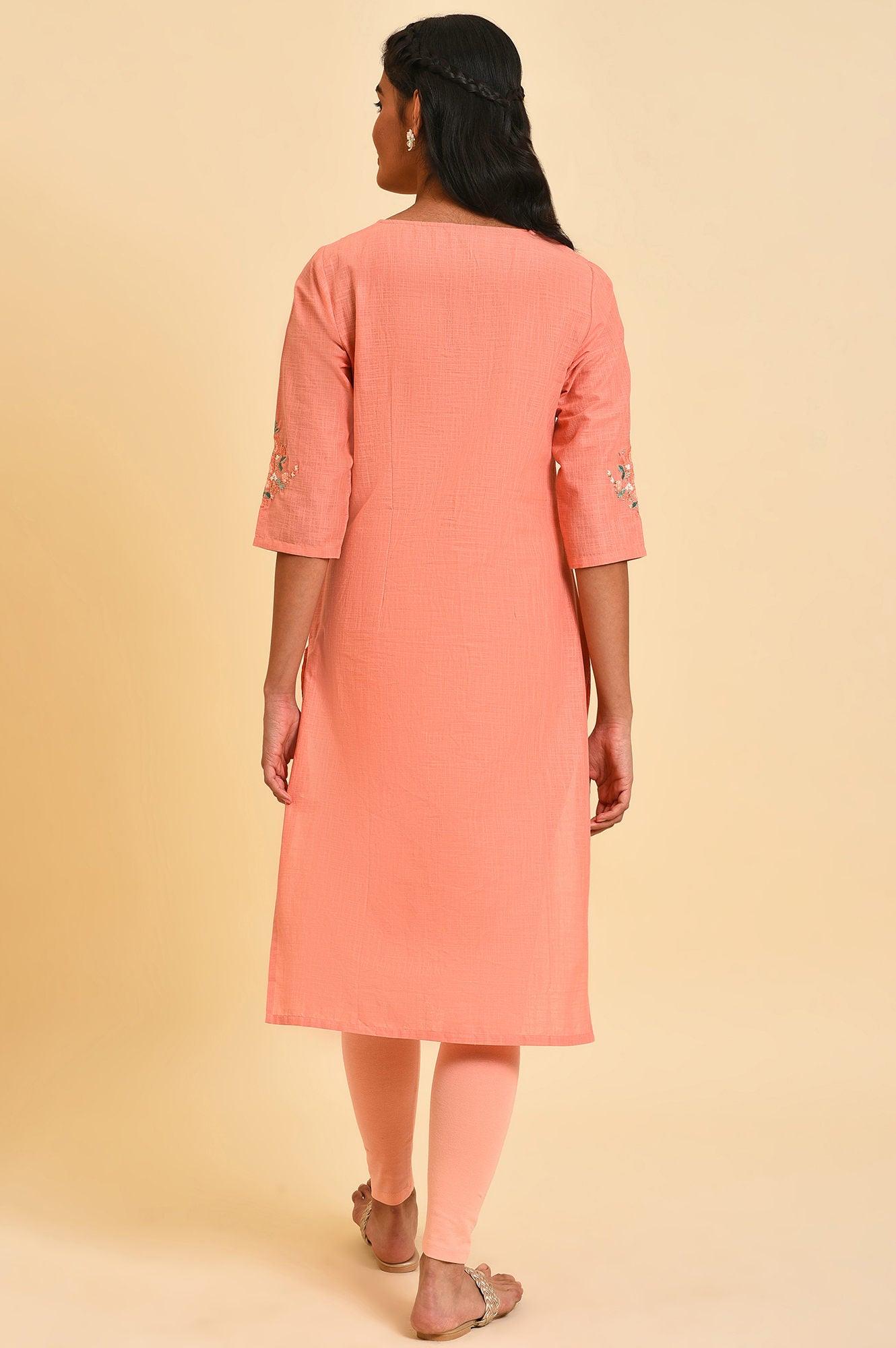W for Woman Peach Glitter Printed Straight kurta