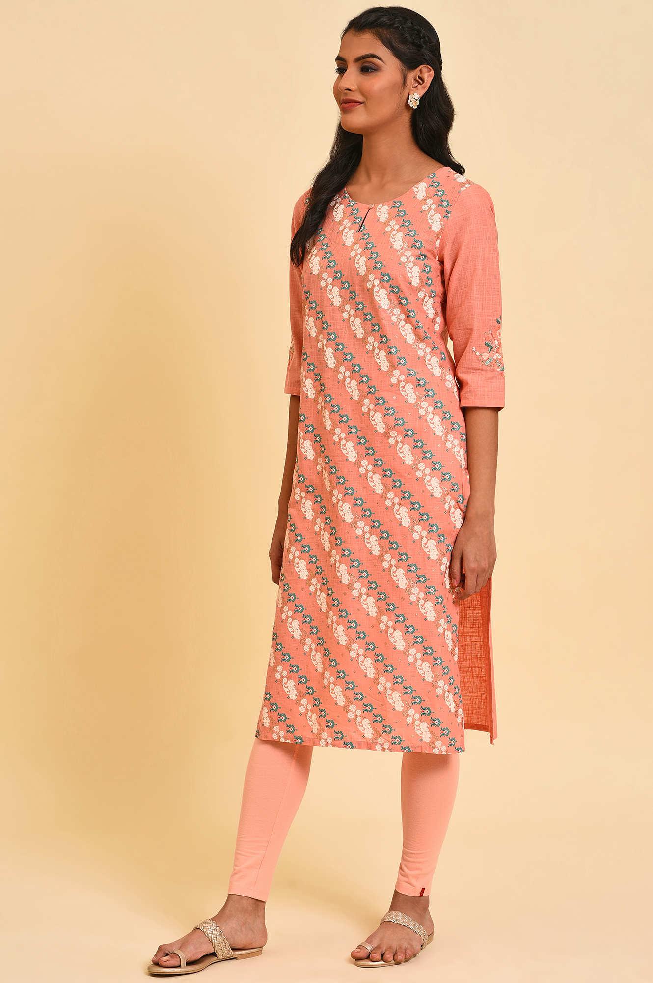 W for Woman Peach Glitter Printed Straight kurta