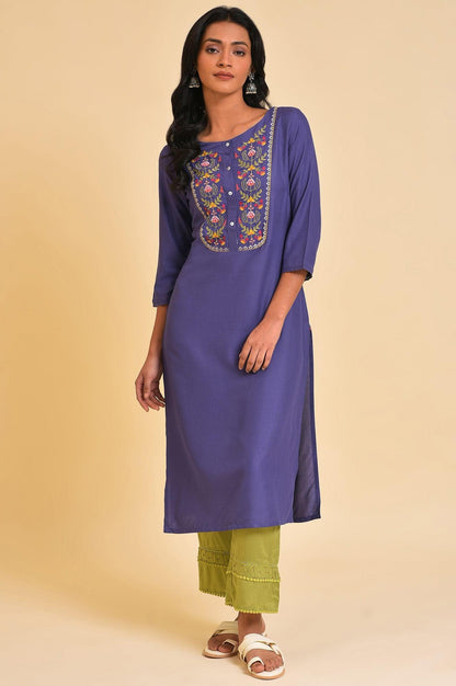 W for Woman Purple Embroidered Cotton Straight Kurta