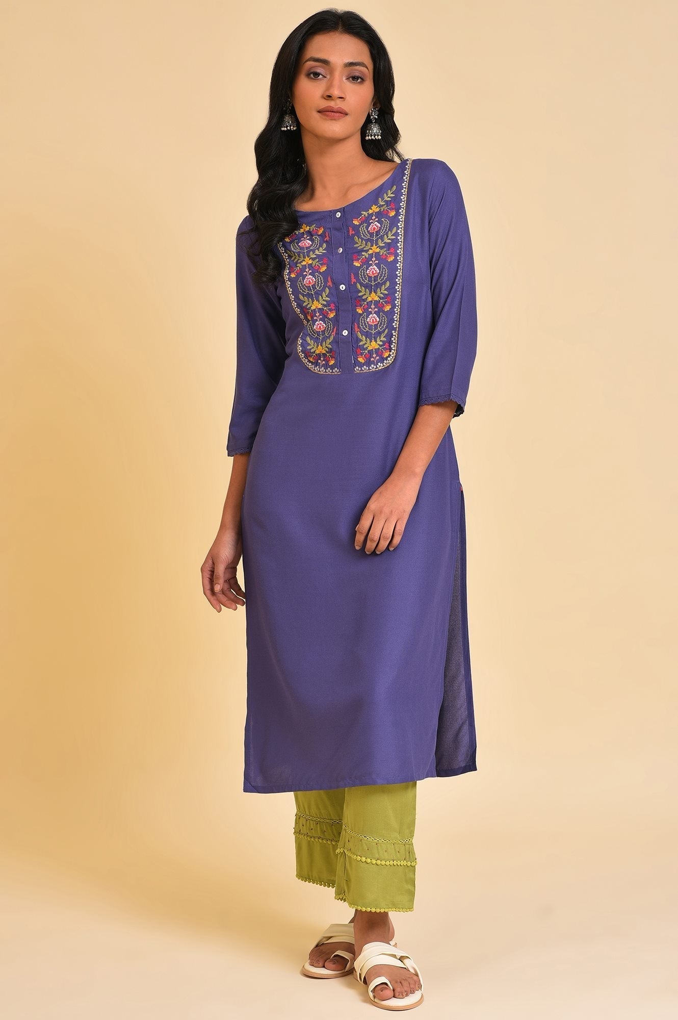 W for Woman Purple Straight Kurta with Embroidered Yoke