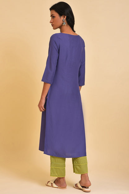 W for Woman Purple Straight Kurta with Embroidered Yoke