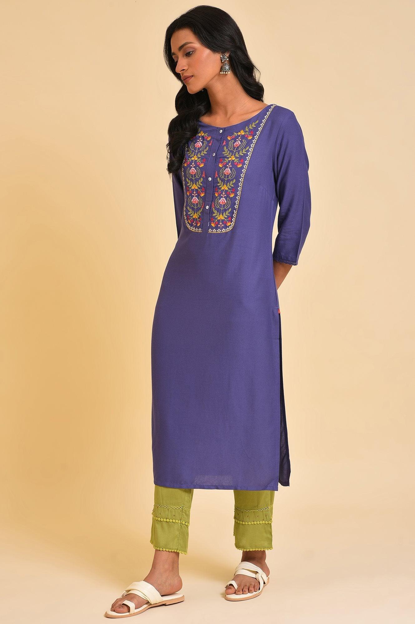 W for Woman Purple Embroidered Cotton Straight Kurta