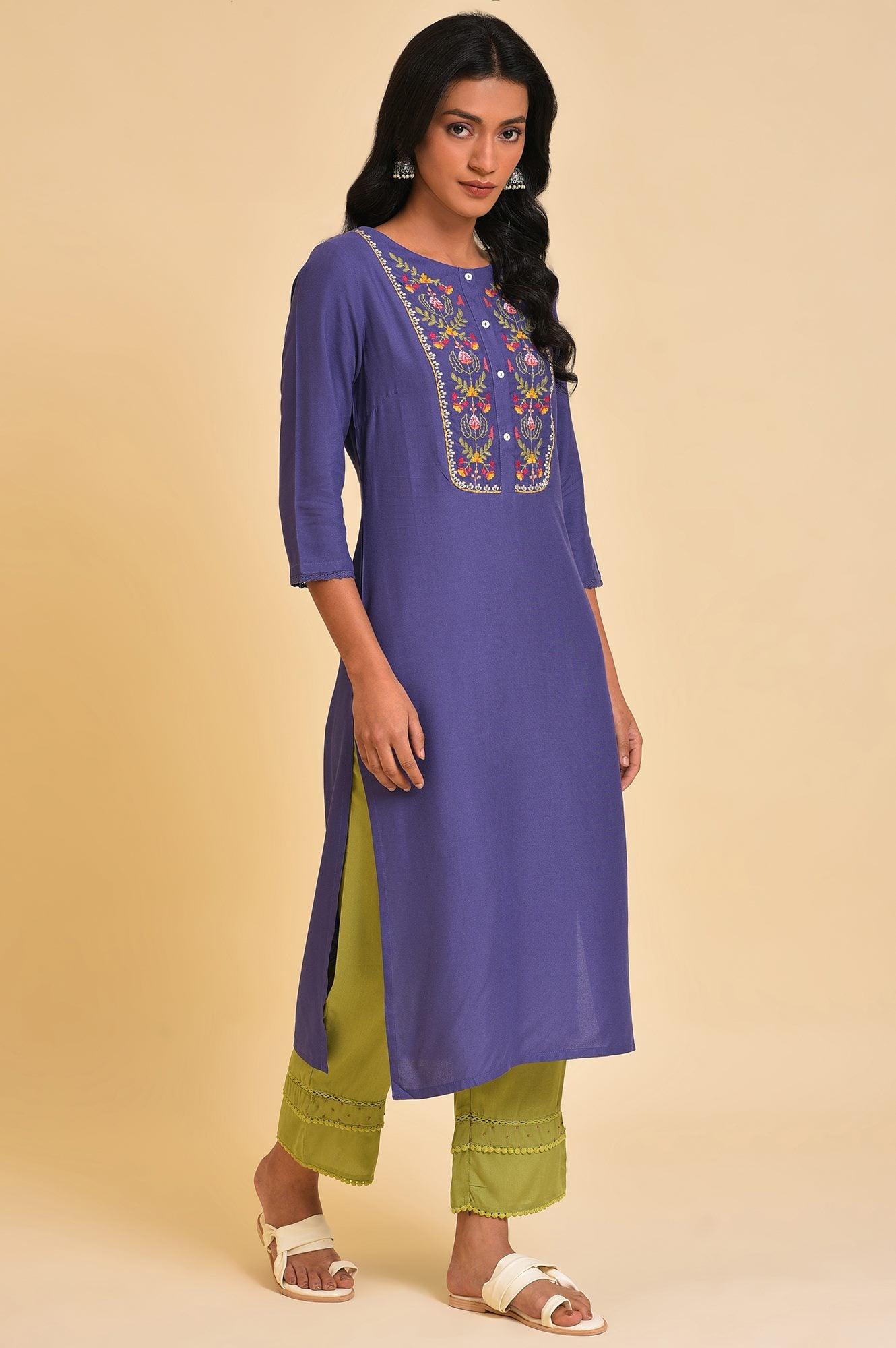 W for Woman Purple Embroidered Cotton Straight Kurta
