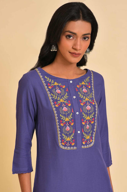 W for Woman Purple Thread Embroidery Straight Kurta and Parallel Pant Set