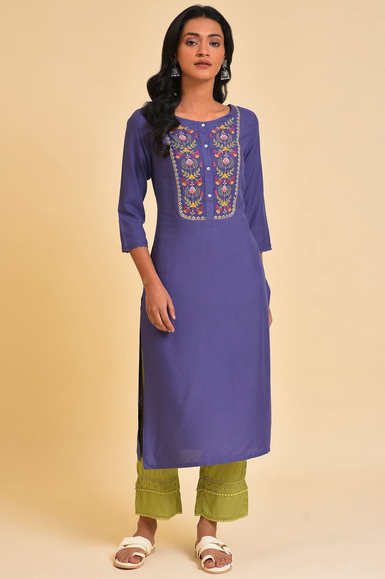 W for Woman Purple Straight Kurta with Embroidered Yoke