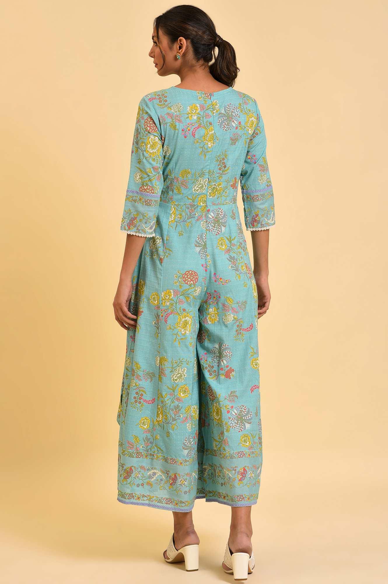 W for Woman Light Blue Printed Angrakha Jumpsuit