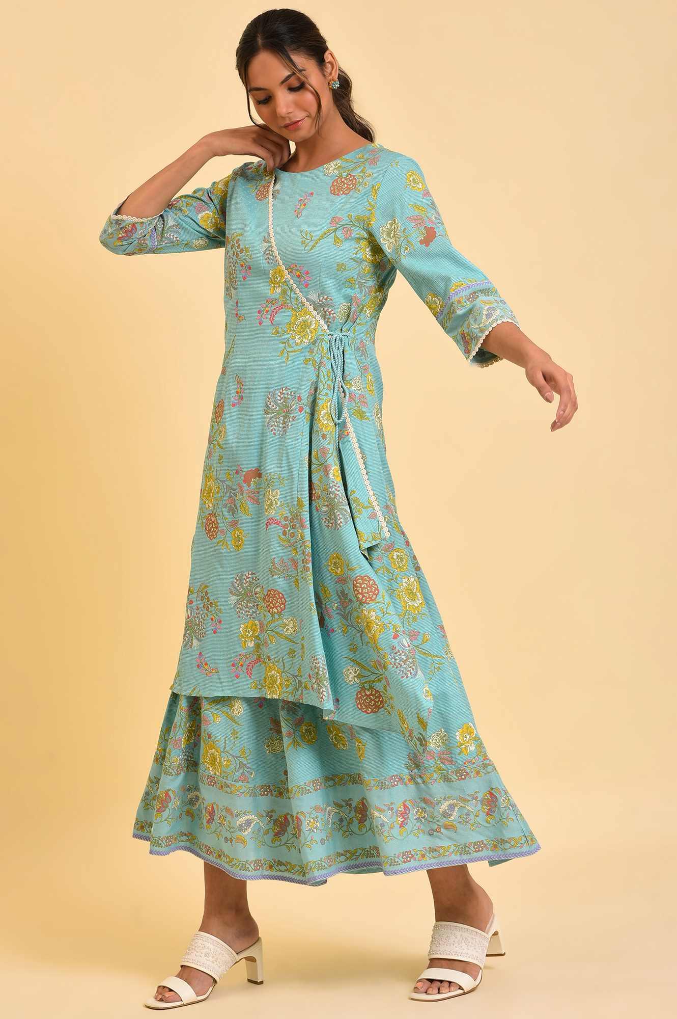 W for Woman Light Blue Printed Angrakha Jumpsuit