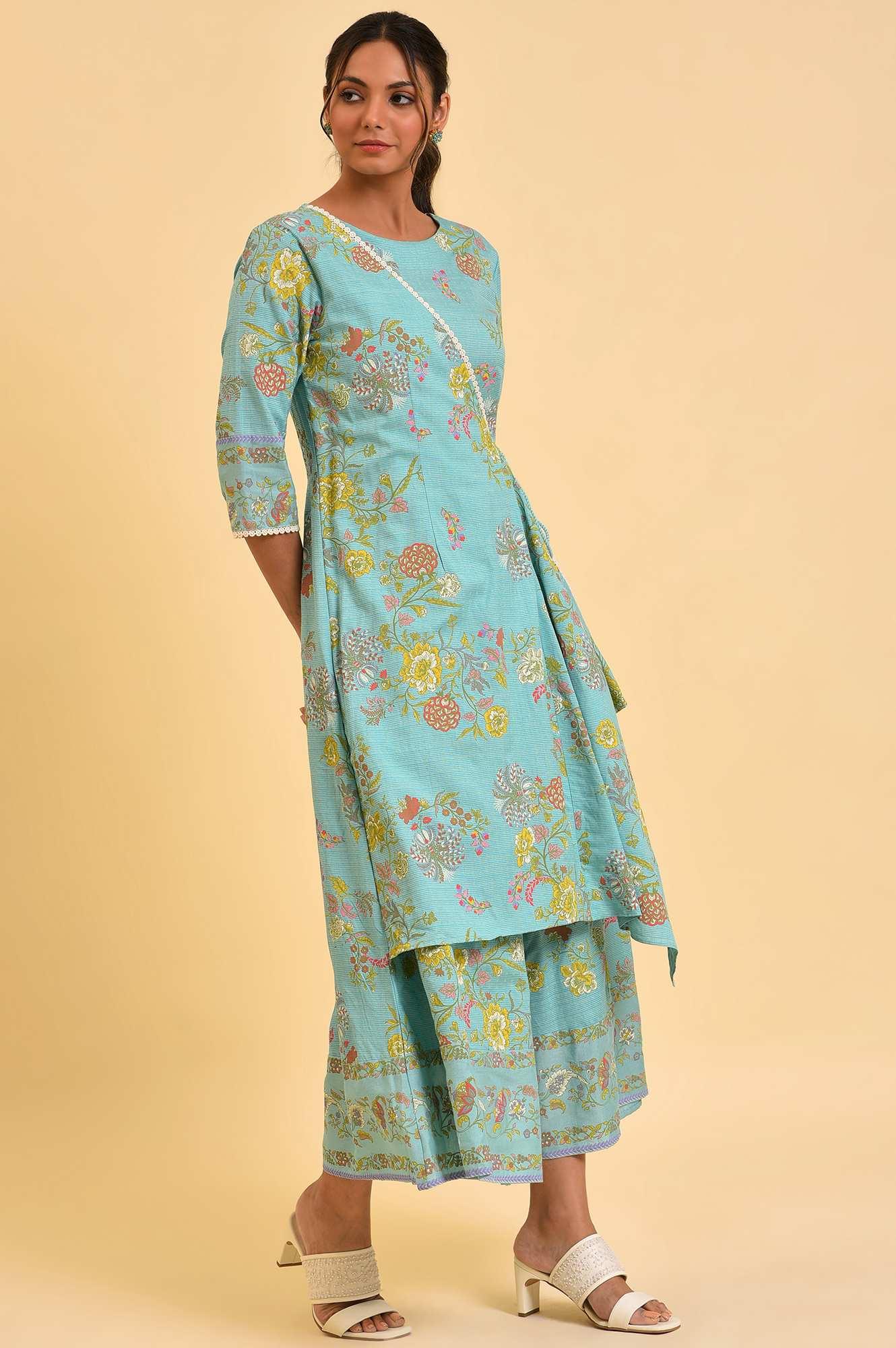 W for Woman Light Blue Printed Angrakha Jumpsuit