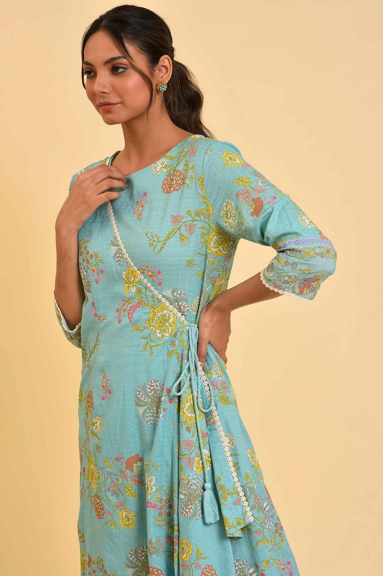 W for Woman Light Blue Printed Angrakha Jumpsuit