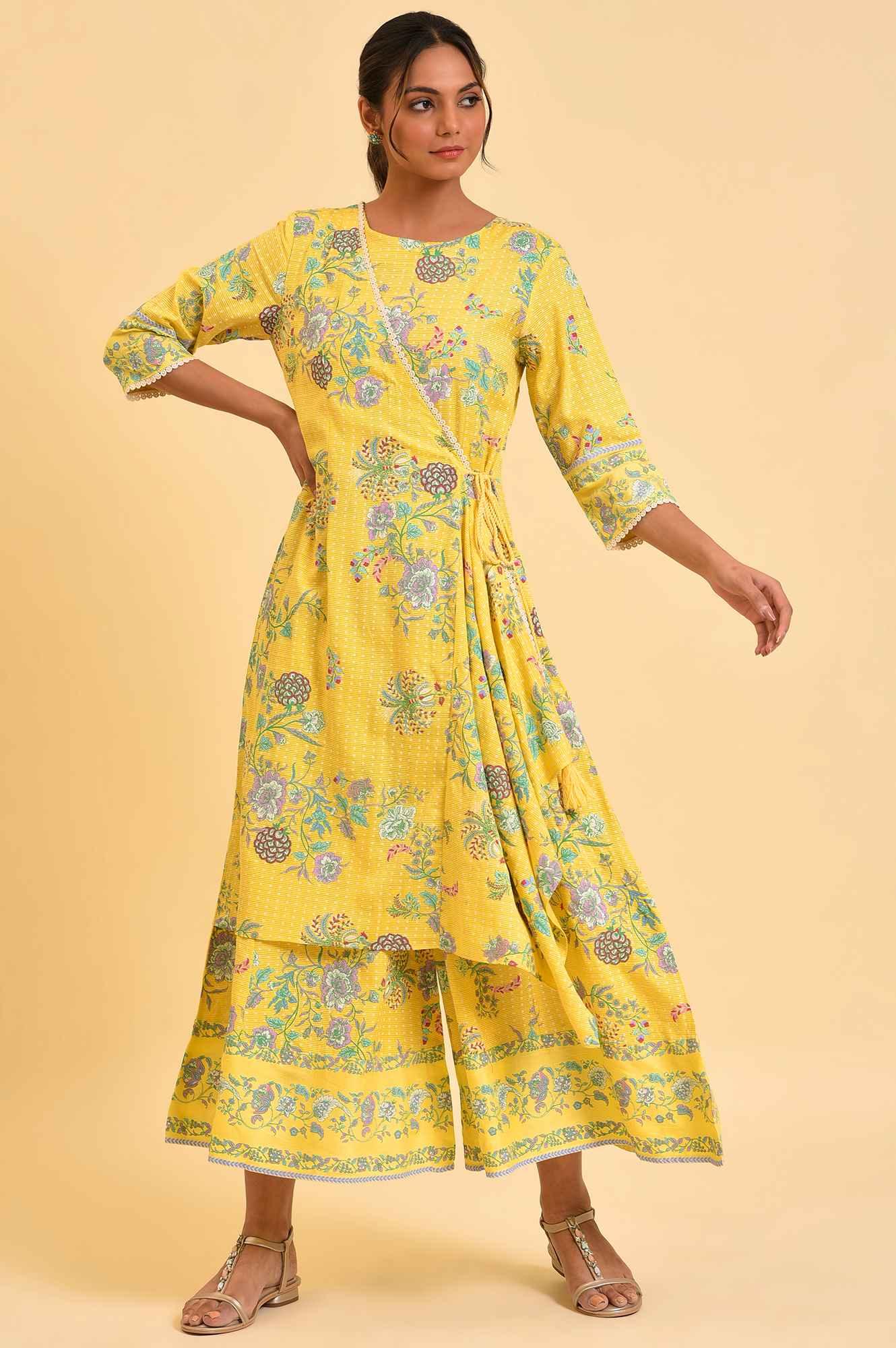 W for Woman Yellow Printed Angrakha Jumpsuit