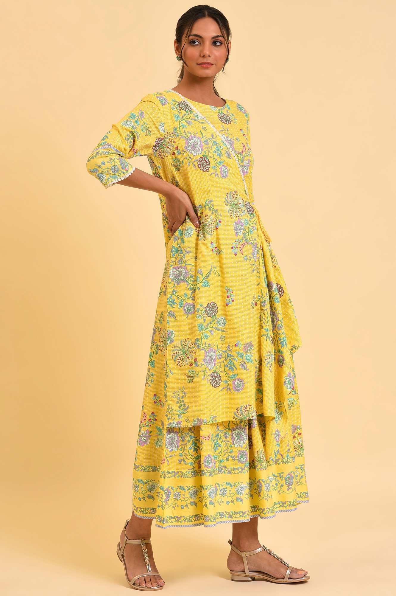 W for Woman Yellow Printed Angrakha Jumpsuit