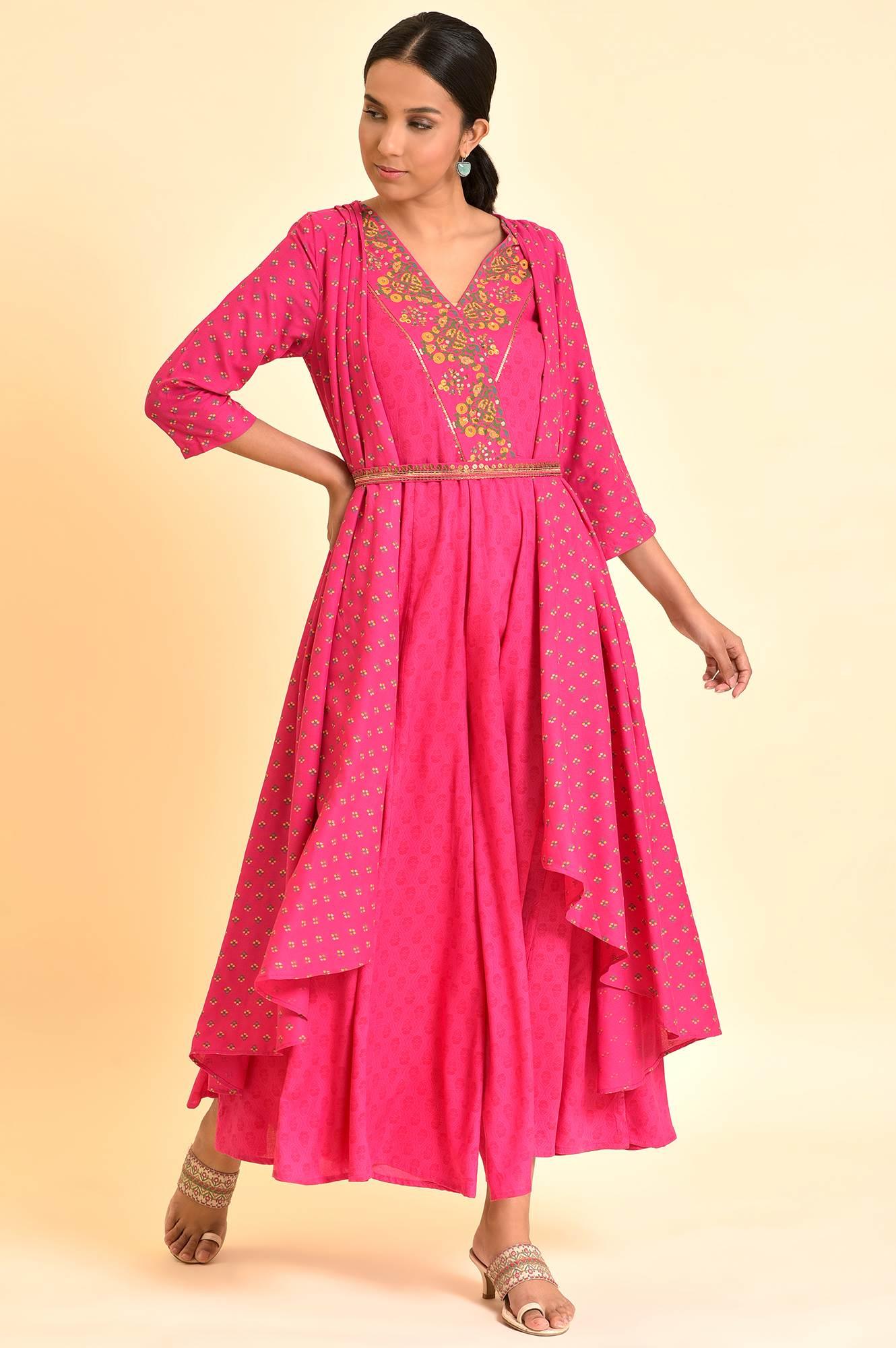 W for Woman Pink Printed Draped Jumpsuit With Embroidered Belt