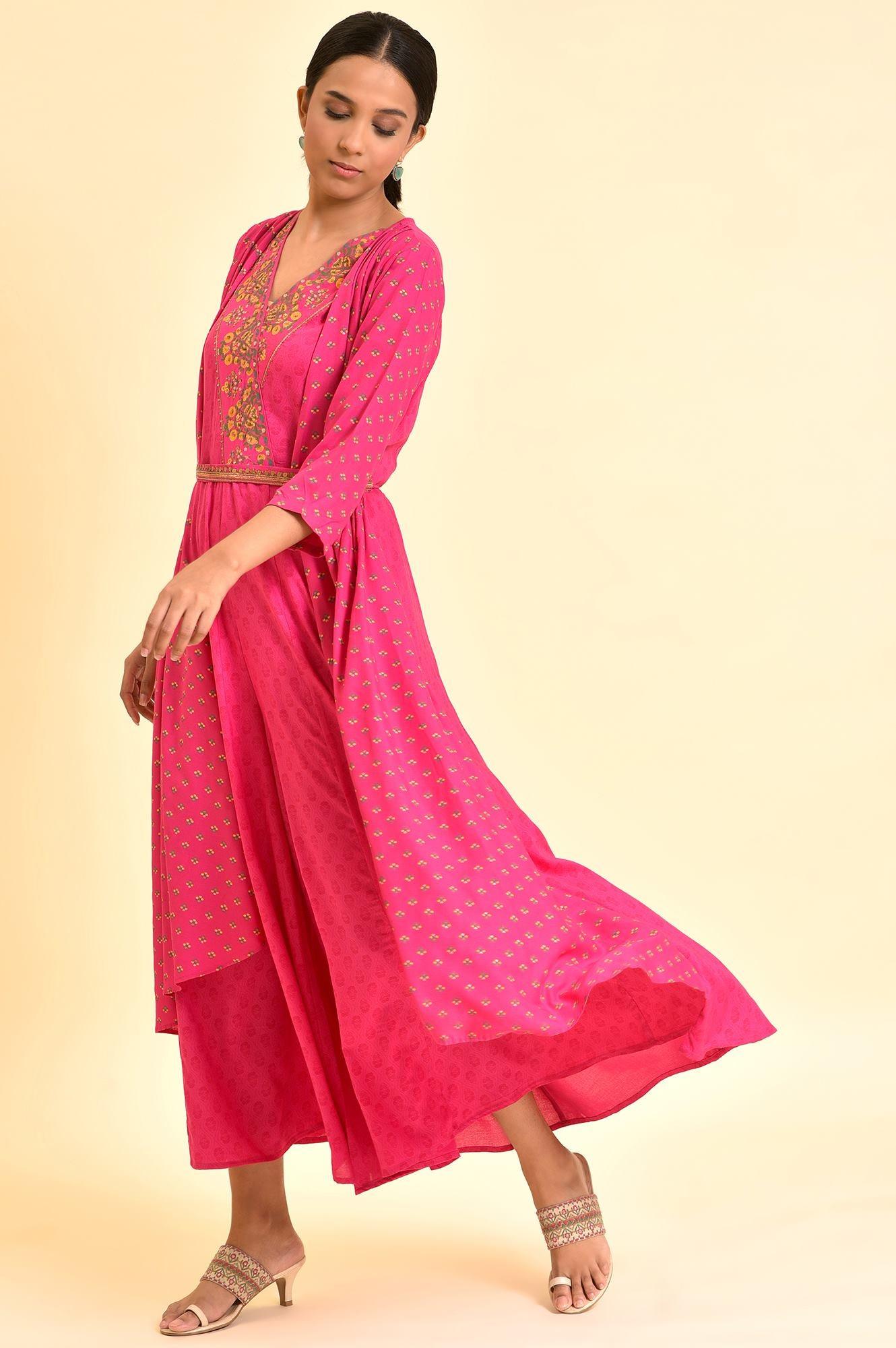 W for Woman Pink Printed Draped Jumpsuit With Embroidered Belt