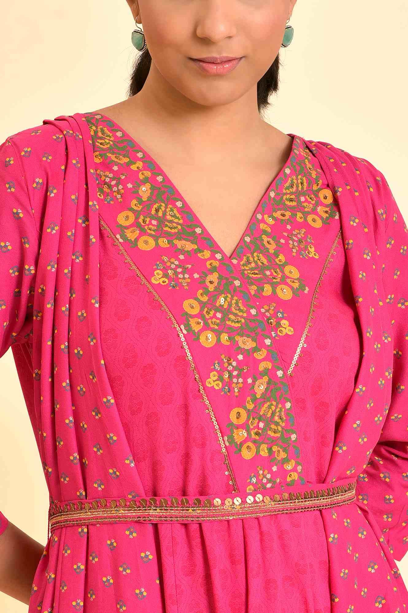 W for Woman Pink Printed Draped Jumpsuit With Embroidered Belt