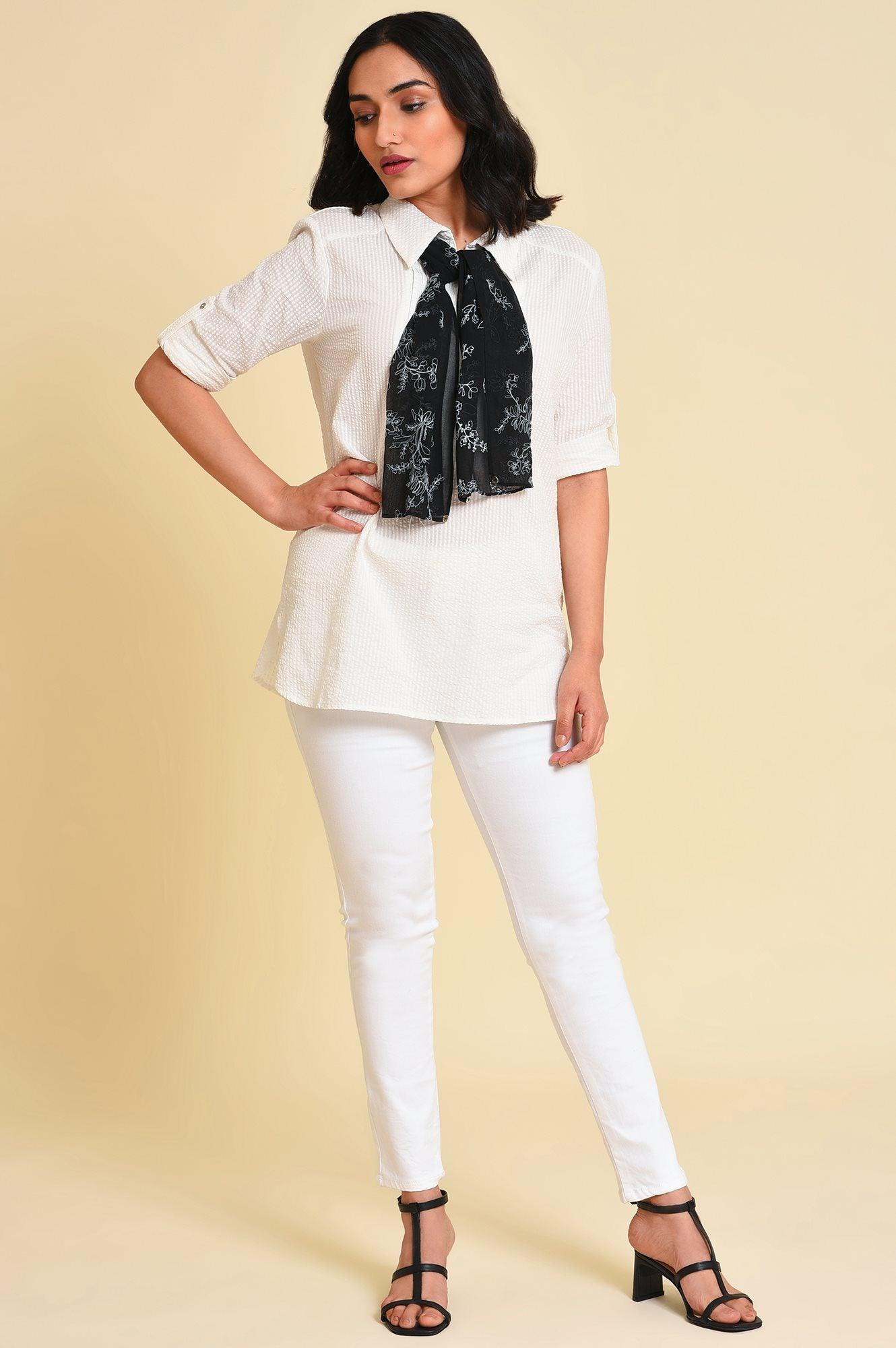 W for Woman White Seer Sucket Top With Detachable Scarf