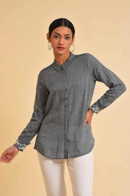 W for Woman Grey Yarn Dyed Stripe Shirt