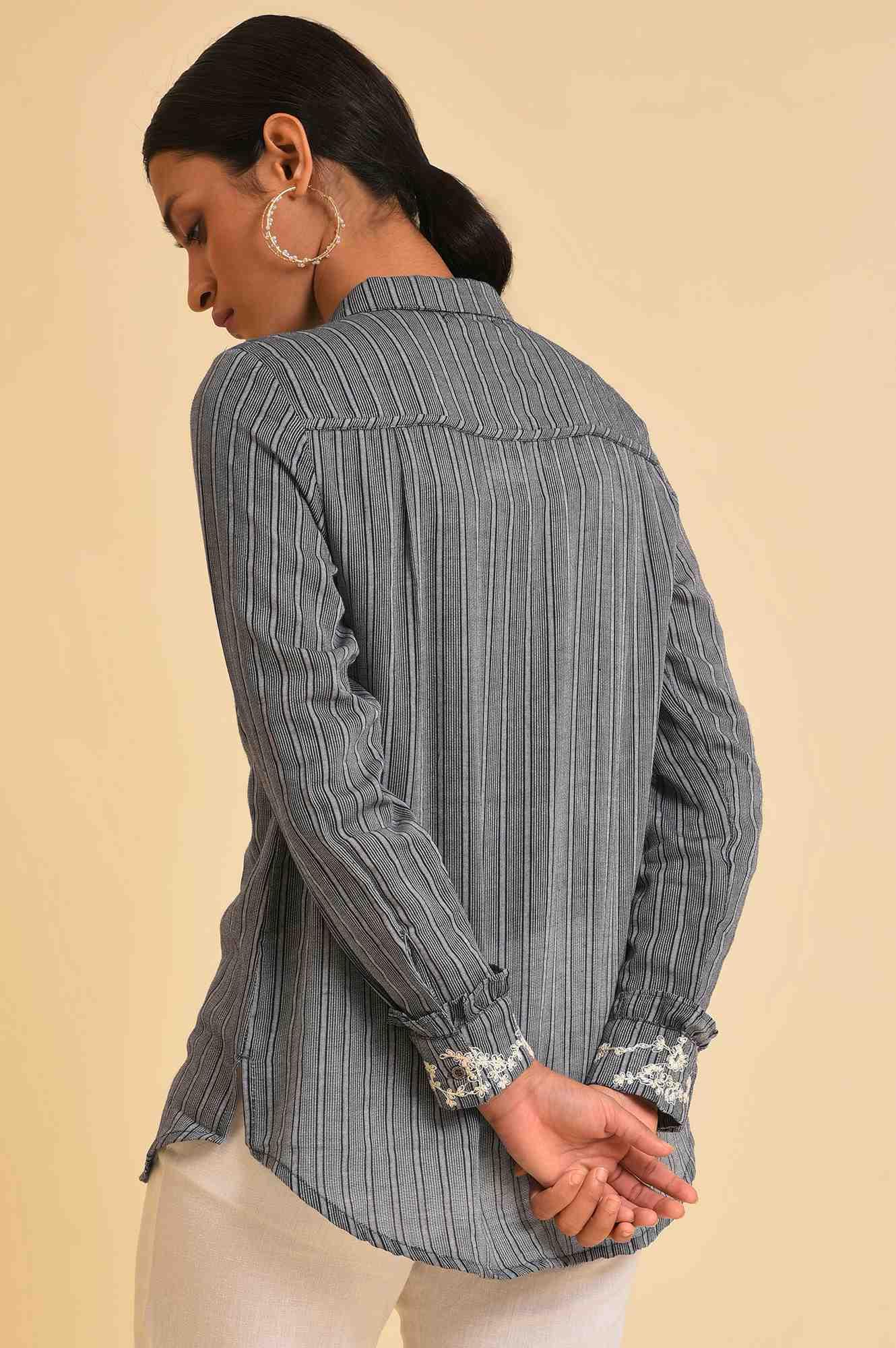 W for Woman Grey Yarn Dyed Stripe Shirt