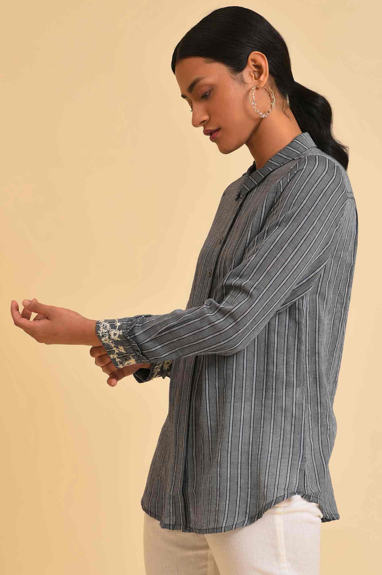 W for Woman Grey Yarn Dyed Stripe Shirt