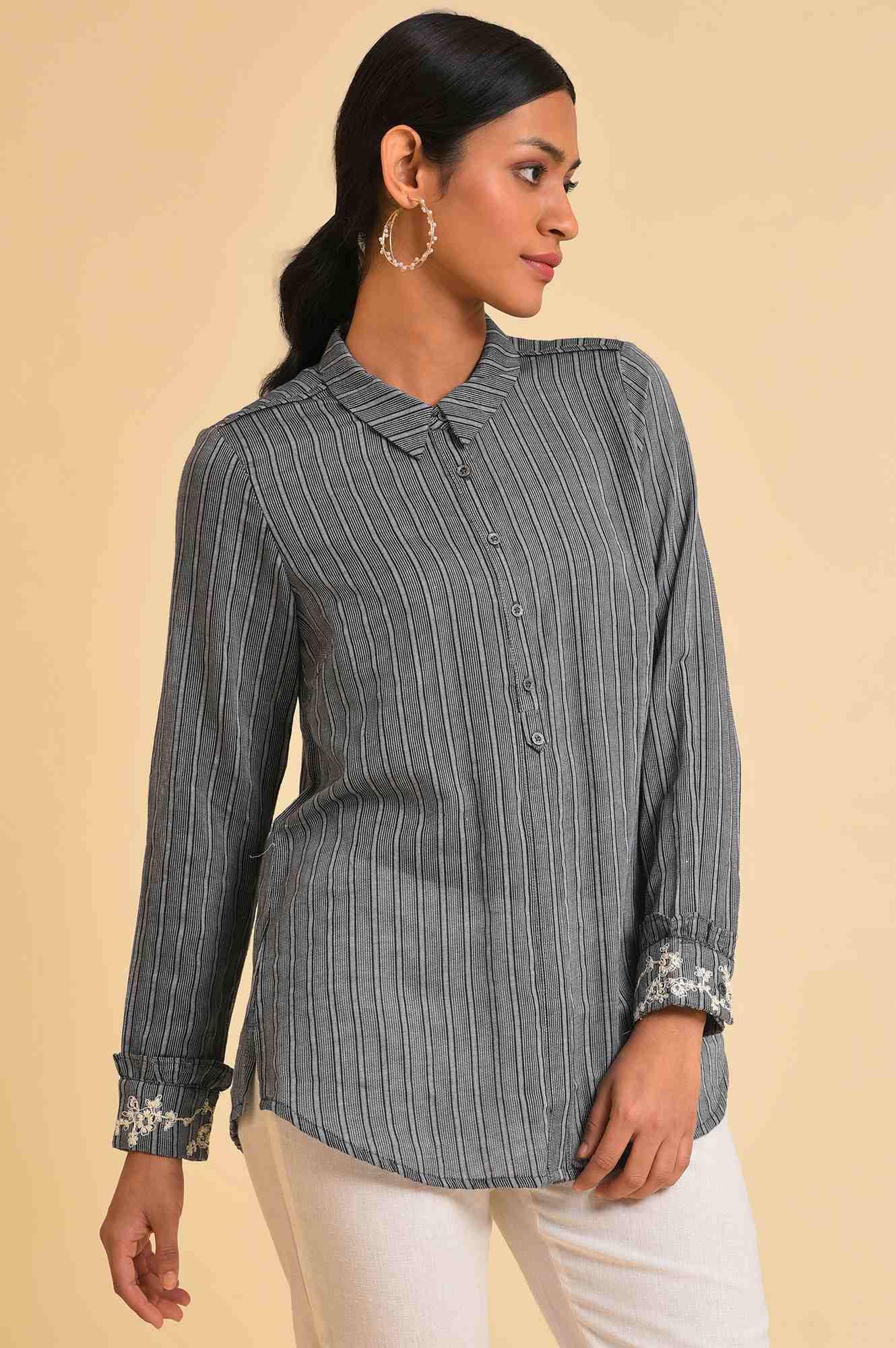W for Woman Grey Yarn Dyed Stripe Shirt