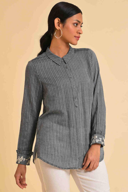 W for Woman Grey Yarn Dyed Stripe Shirt