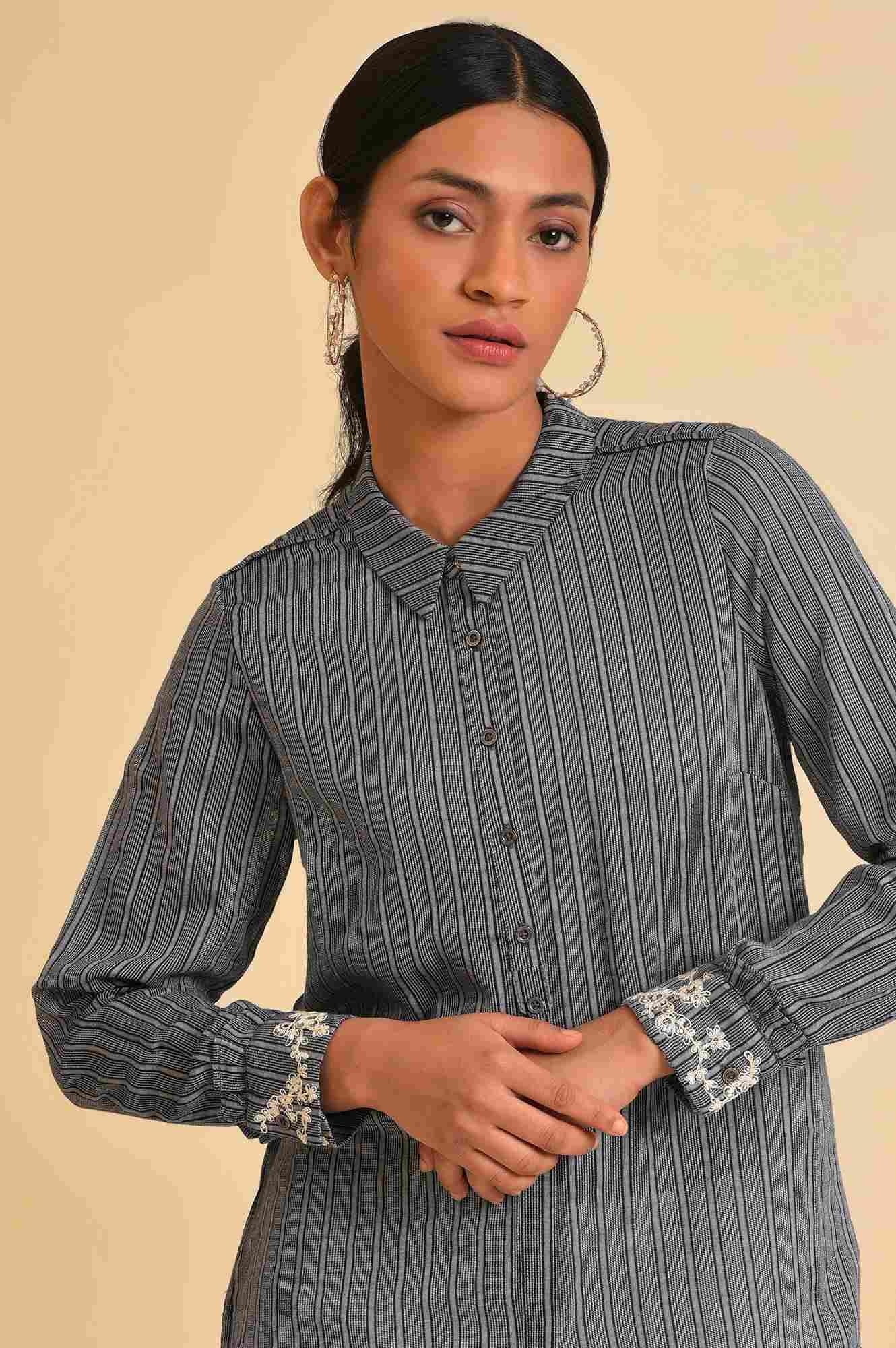 W for Woman Grey Yarn Dyed Stripe Shirt