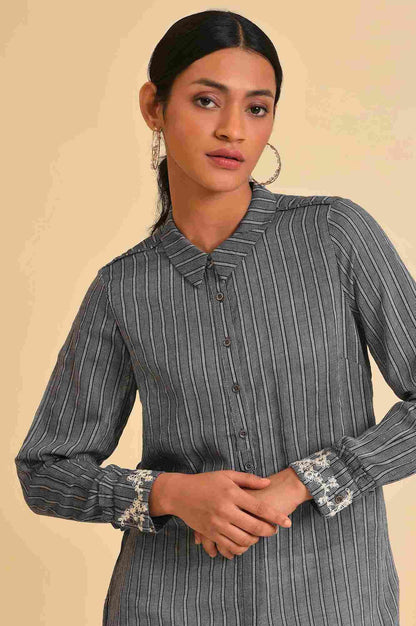 W for Woman Grey Yarn Dyed Stripe Shirt