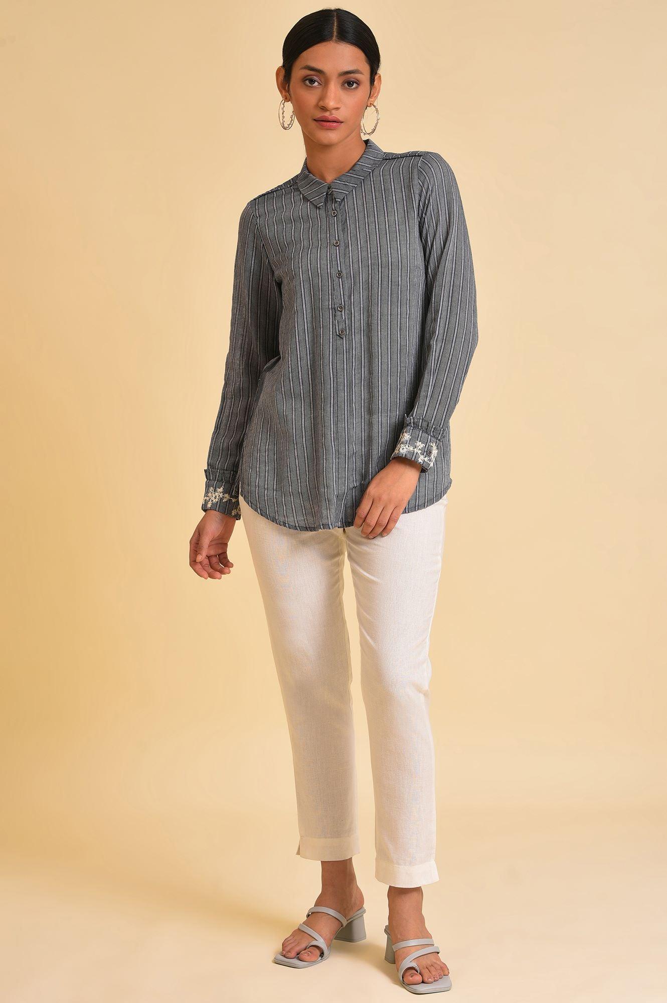 W for Woman Grey Yarn Dyed Stripe Shirt
