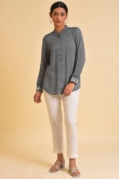 W for Woman Grey Yarn Dyed Stripe Shirt