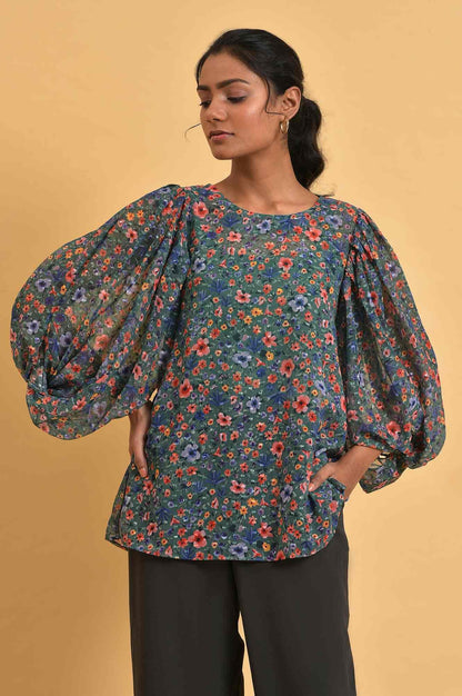 W for Woman Green Floral Printed Georgette Top with Puffy Sleeves