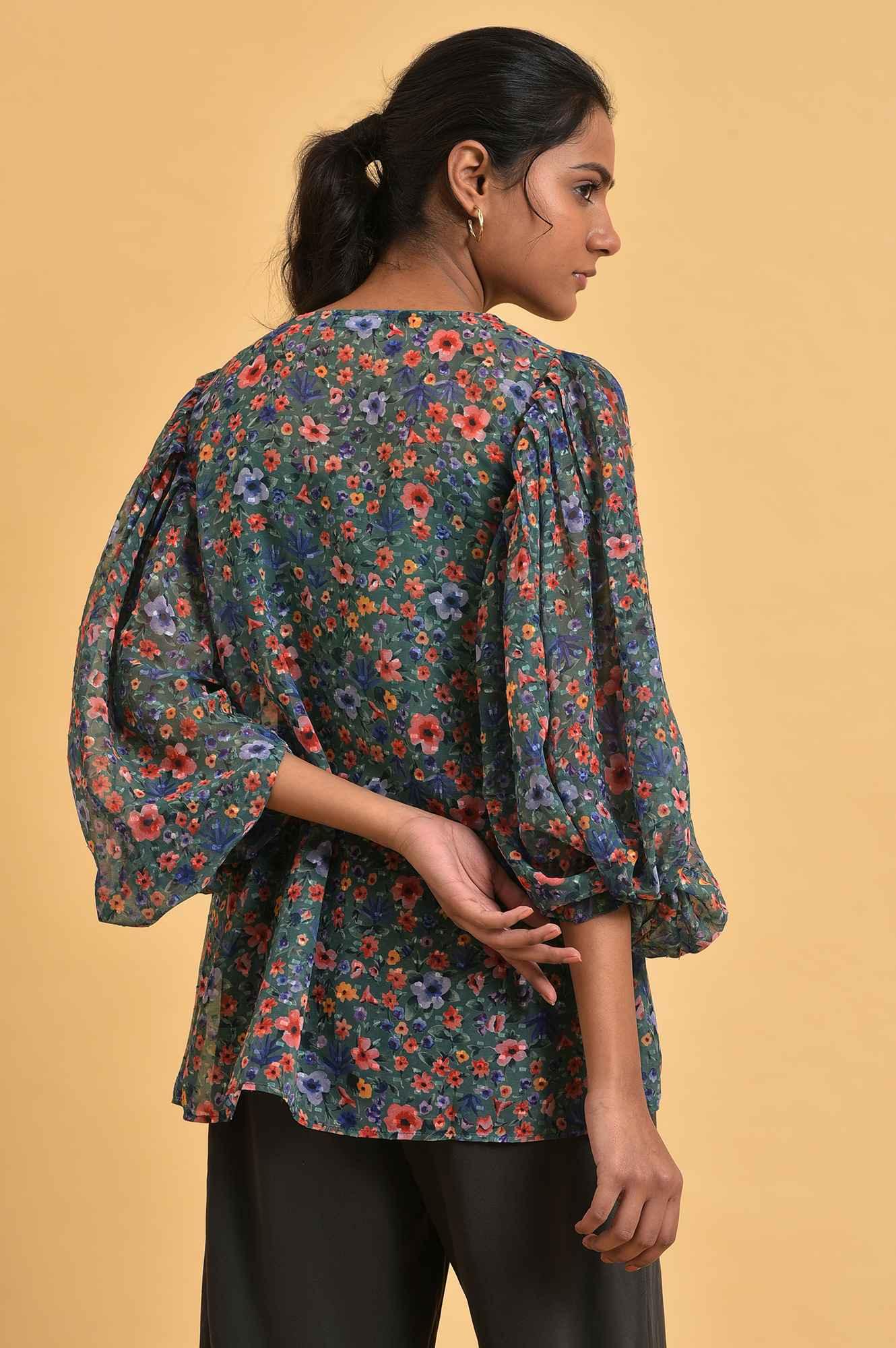 W for Woman Green Floral Printed Georgette Top with Puffy Sleeves