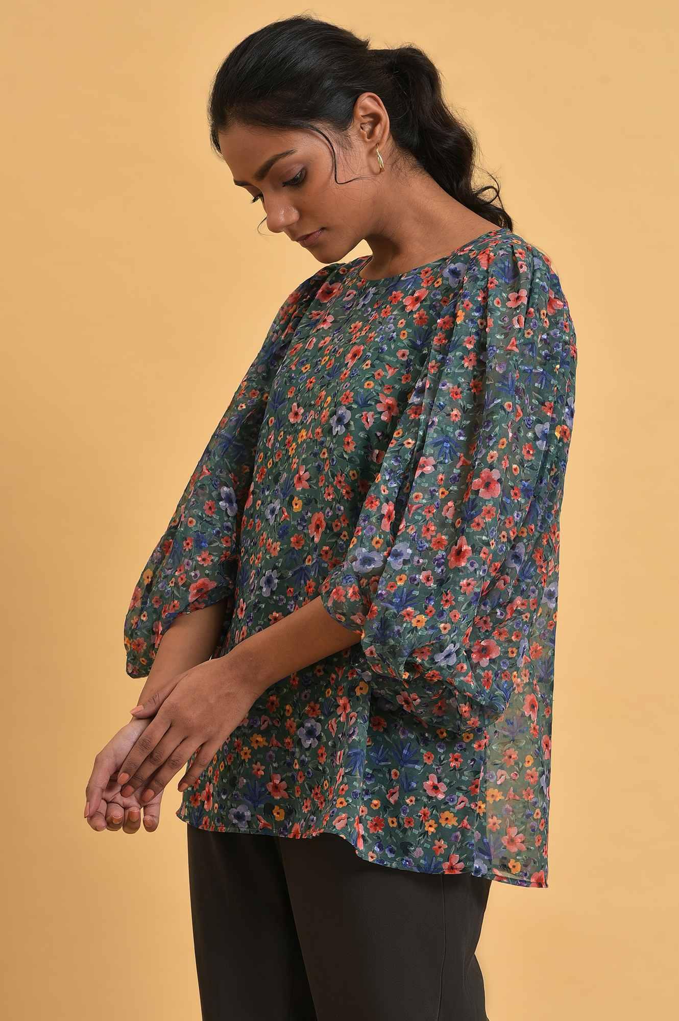 W for Woman Green Floral Printed Georgette Top with Puffy Sleeves