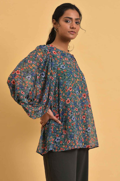 W for Woman Green Floral Printed Georgette Top with Puffy Sleeves
