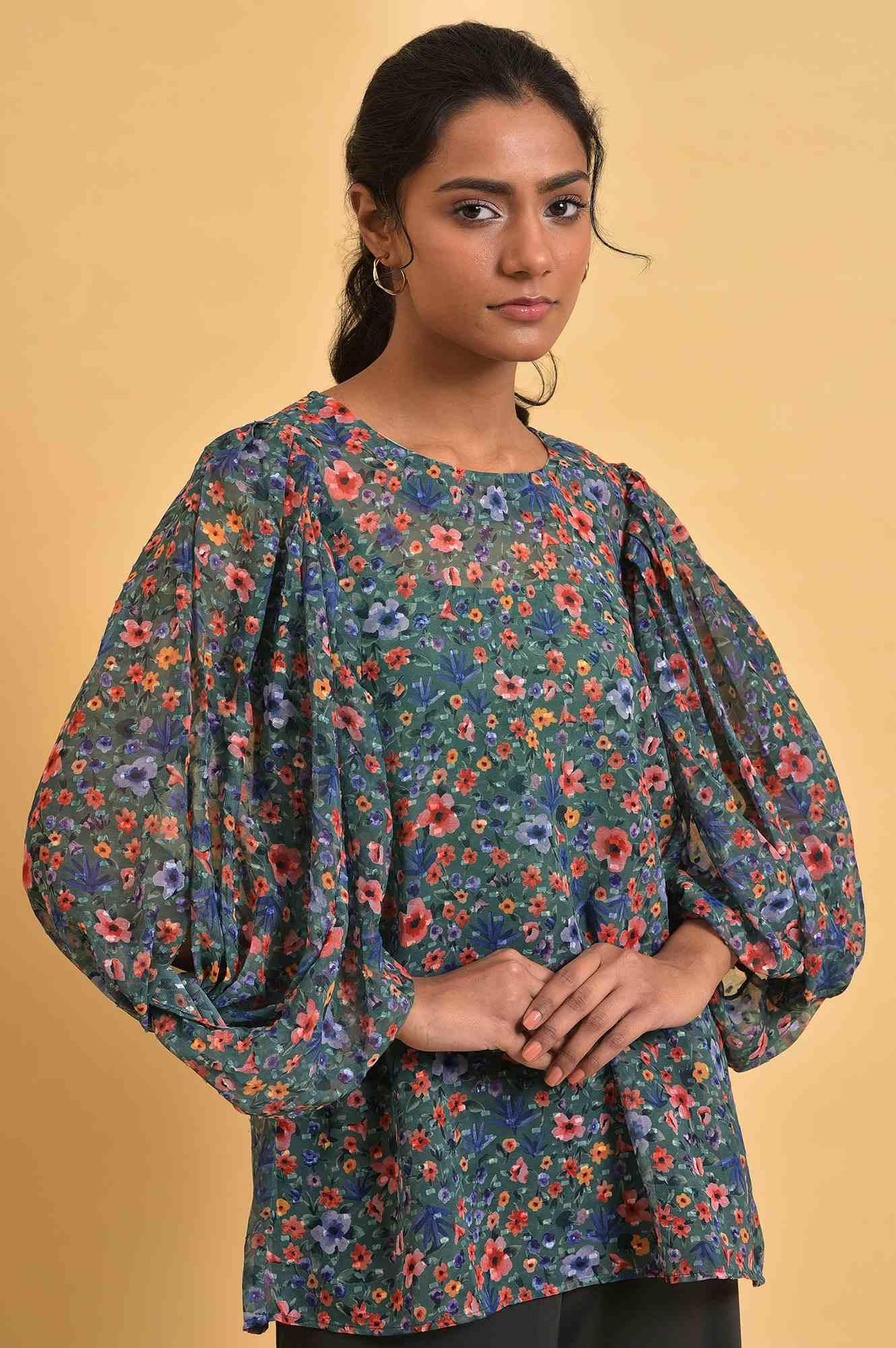 W for Woman Green Floral Printed Georgette Top with Puffy Sleeves